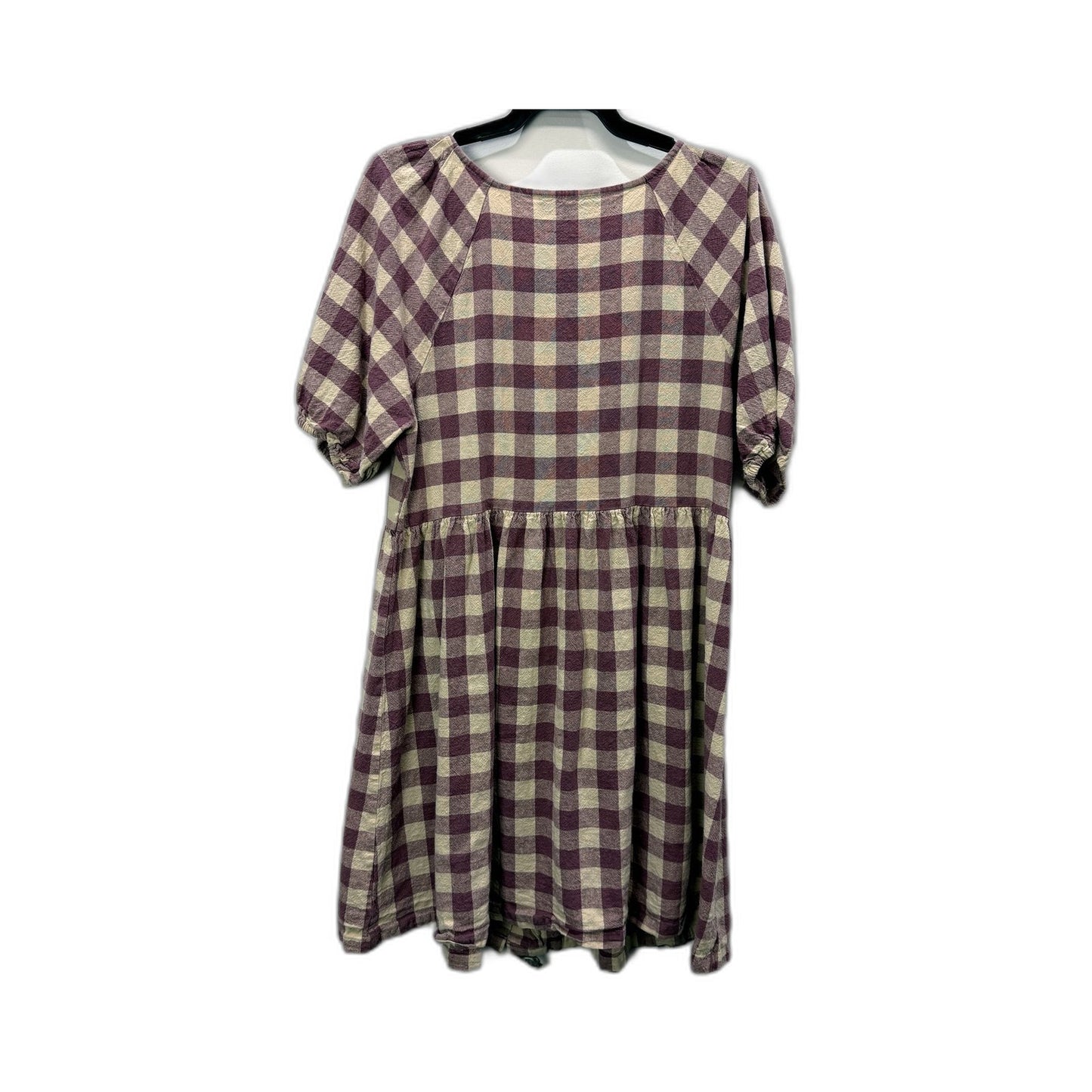 Princess Womens Checkered Linen Dress Puff Sleeve Button Front Purple Beige
