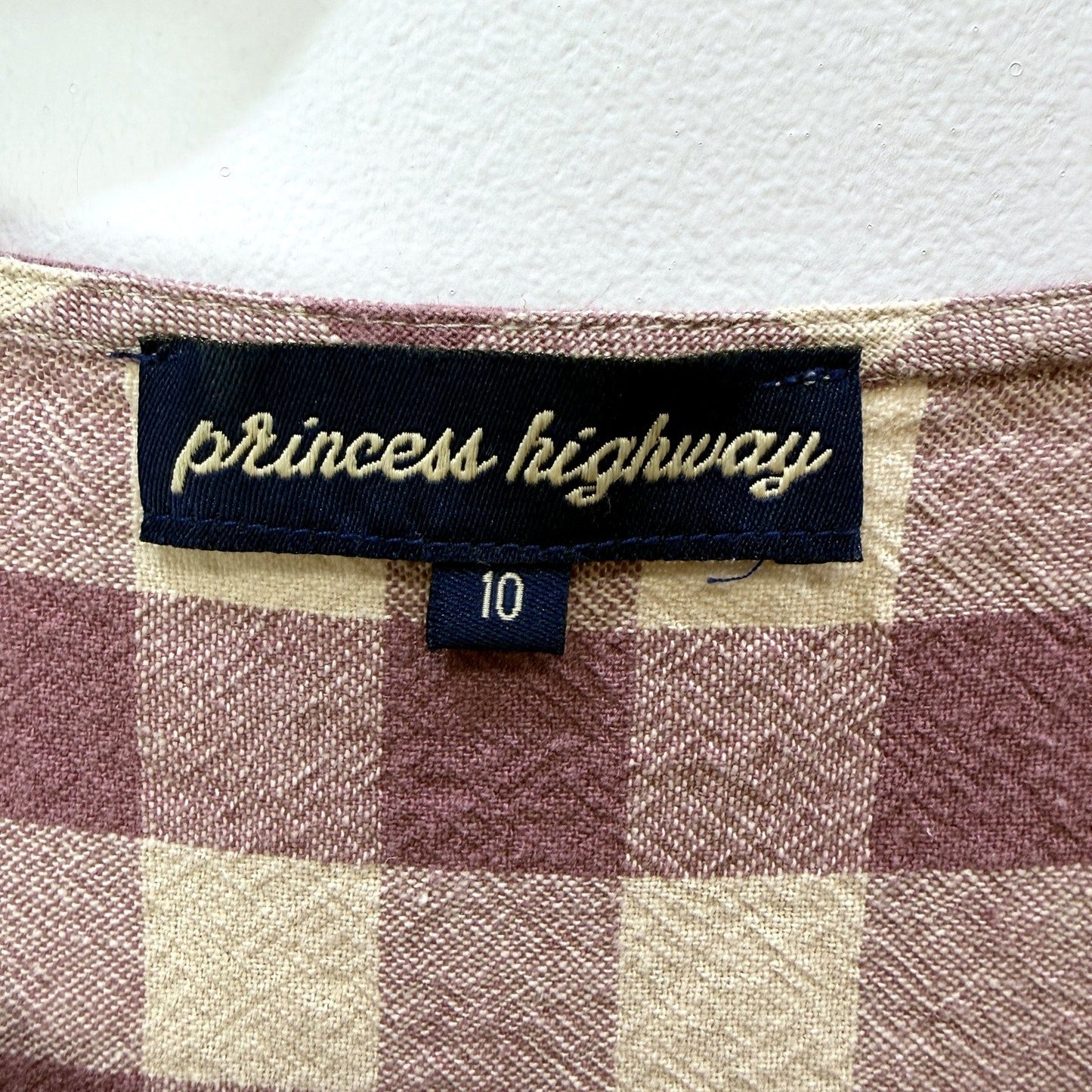 Princess Womens Checkered Linen Dress Puff Sleeve Button Front Purple Beige