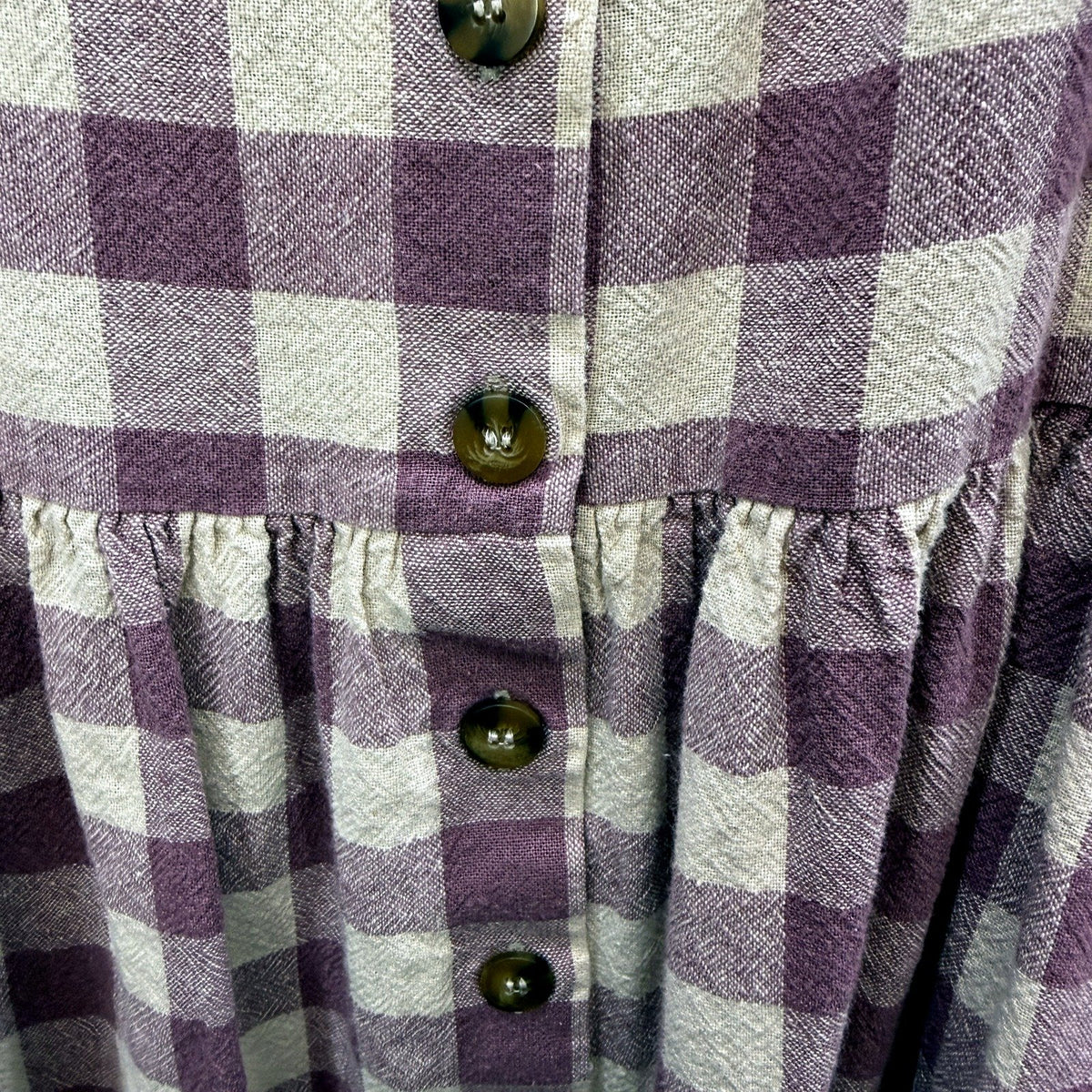 Princess Womens Checkered Linen Dress Puff Sleeve Button Front Purple Beige