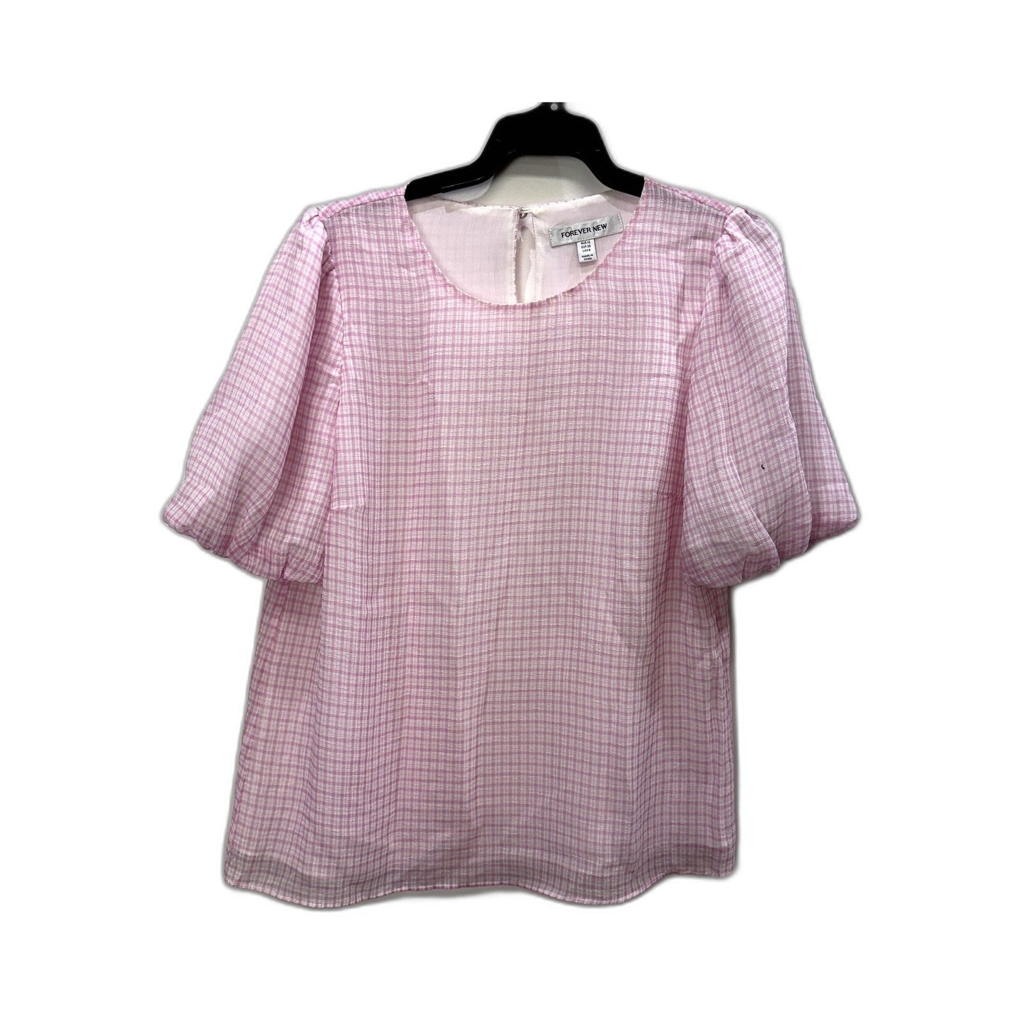 Forever New Womens Plaid Puff Sleeve Blouse Pink and White Checkered Cotton