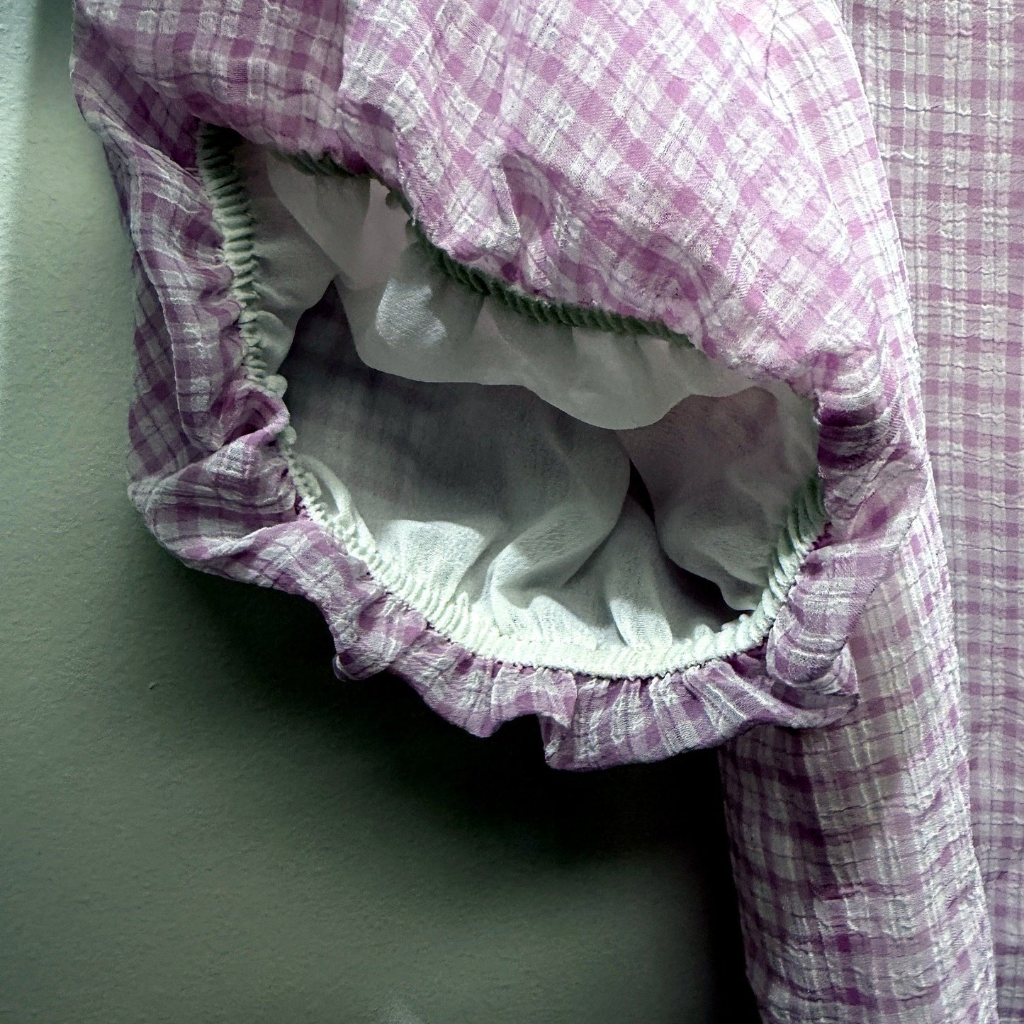 Forever New Womens Plaid Puff Sleeve Blouse Pink and White Checkered Cotton