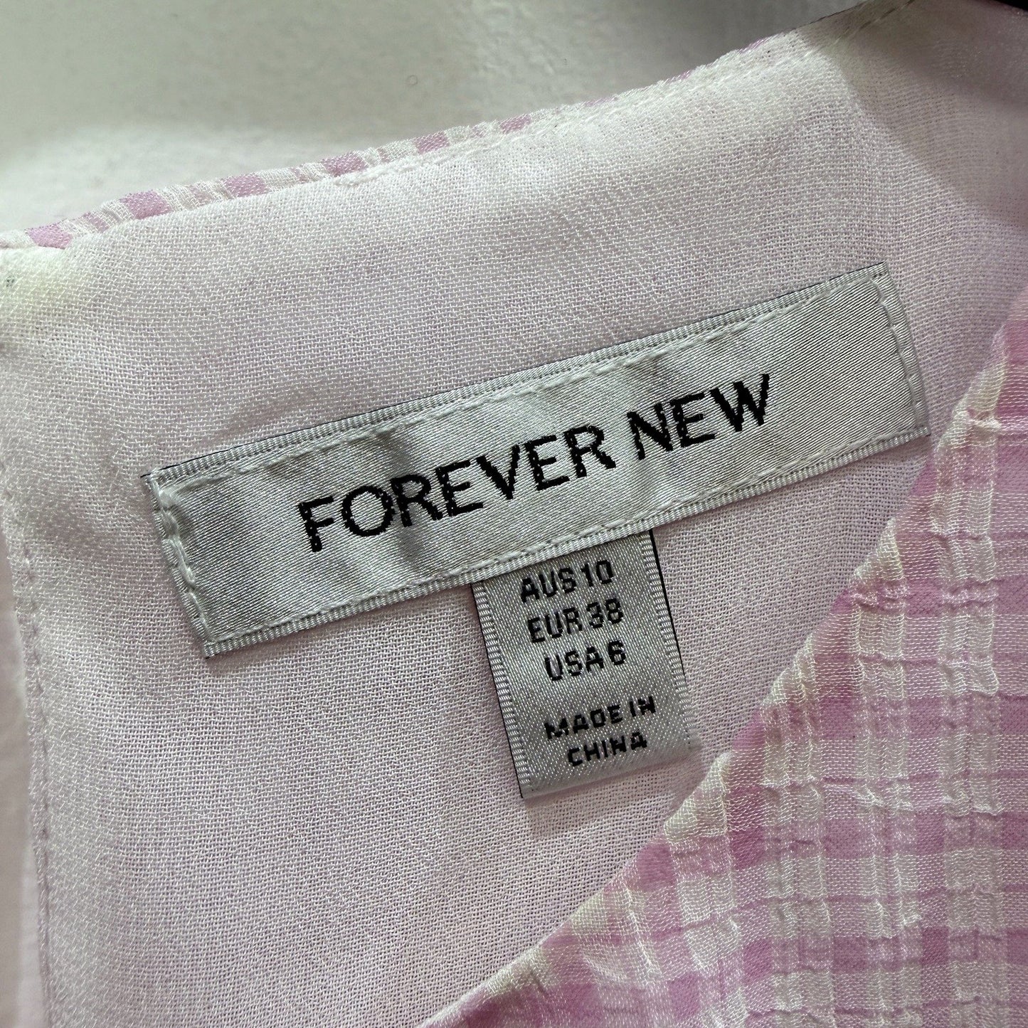 Forever New Womens Plaid Puff Sleeve Blouse Pink and White Checkered Cotton