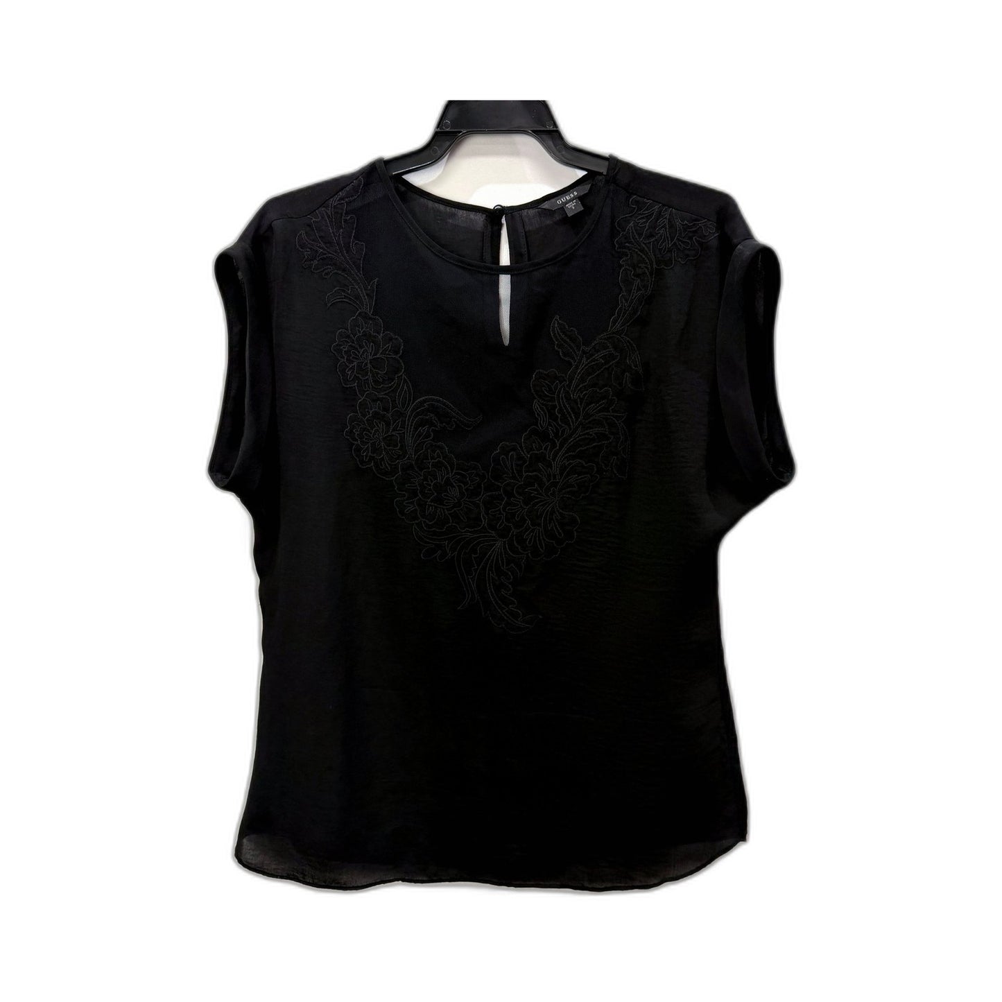 Guess Womens Floral Embroidered Mesh and Lace Blouse Black Casual Feminine Size