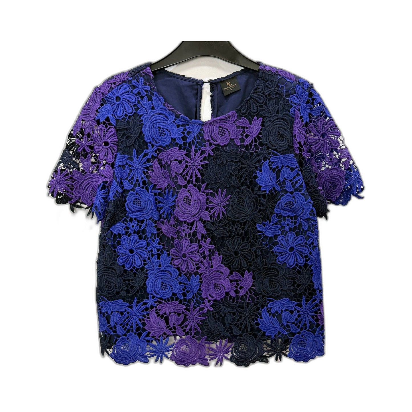 David Lawrence Womens Lace Blouse Navy Purple Floral Short Sleeve Keyhole Back