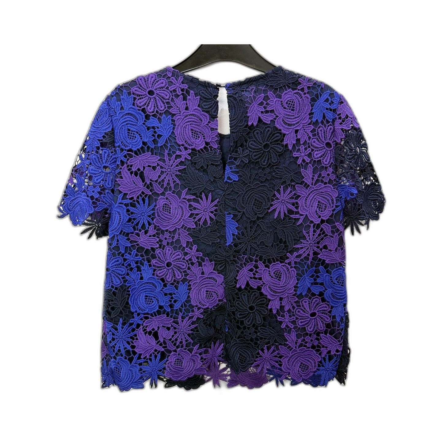 David Lawrence Womens Lace Blouse Navy Purple Floral Short Sleeve Keyhole Back