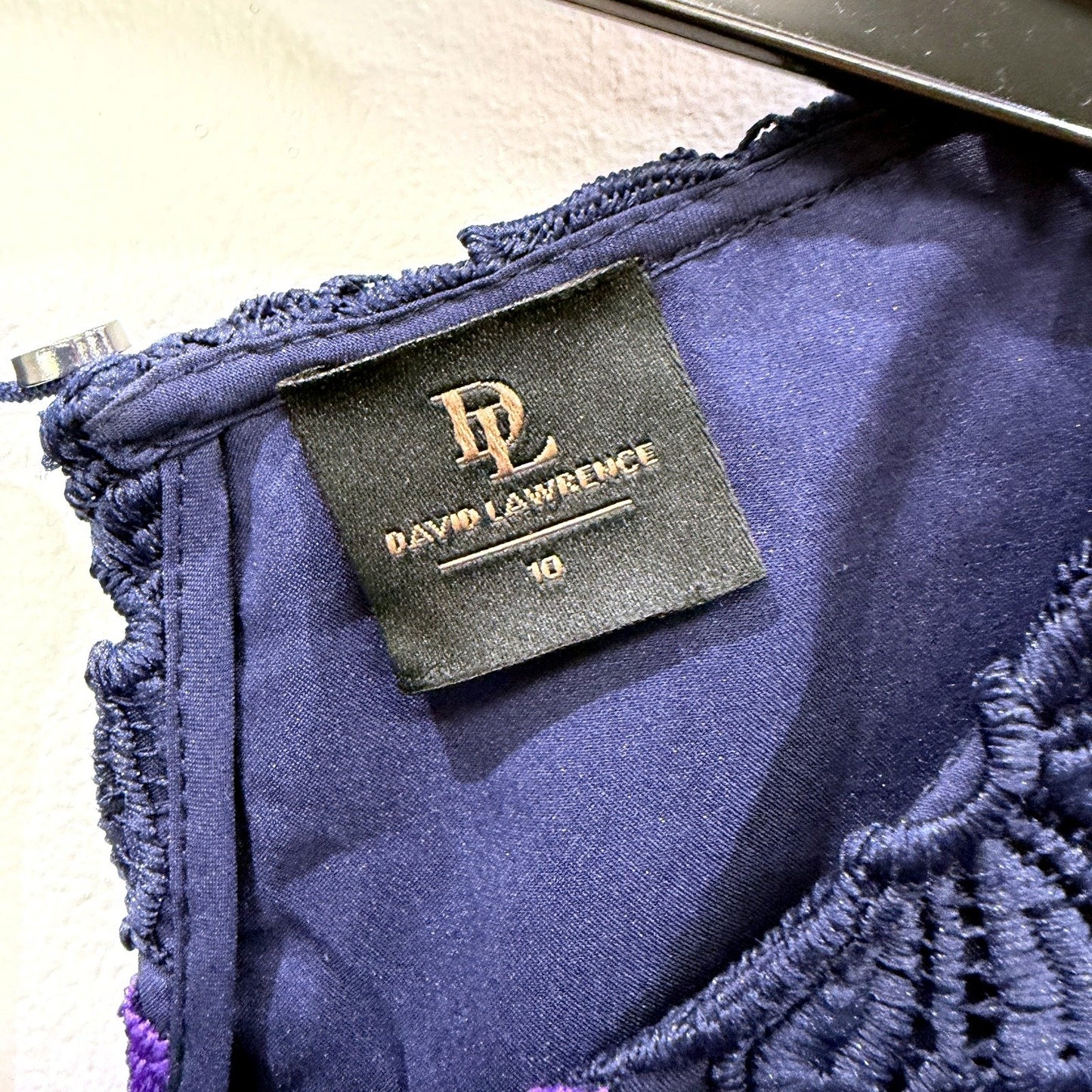 David Lawrence Womens Lace Blouse Navy Purple Floral Short Sleeve Keyhole Back