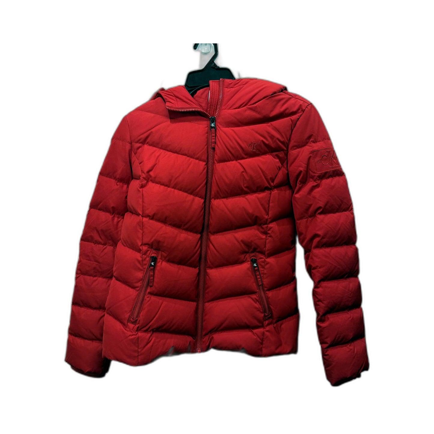 Calvin Klein Womens Hooded Down Jacket with Faux Fur Trim in Red, Size S NEW