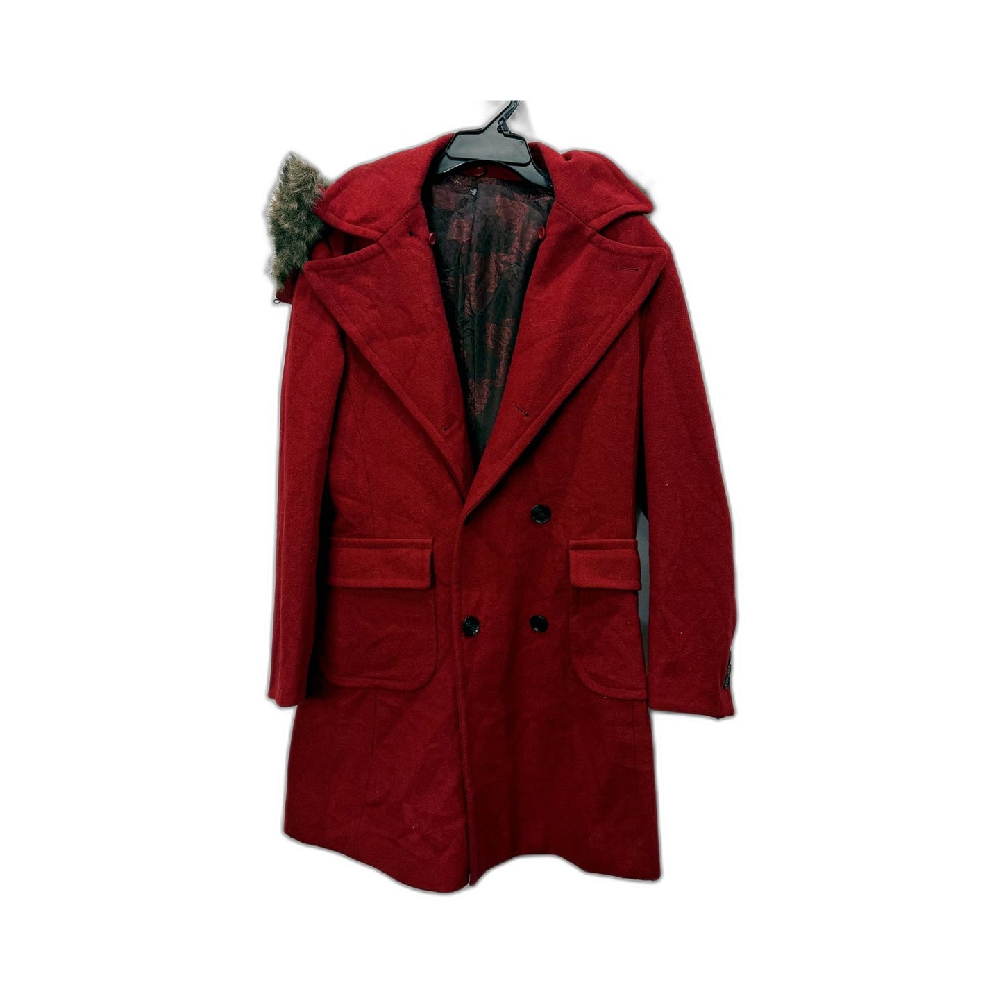 William Hunt Womens Vintage Style Wool Coat with Faux Fur Collar Red Size 38