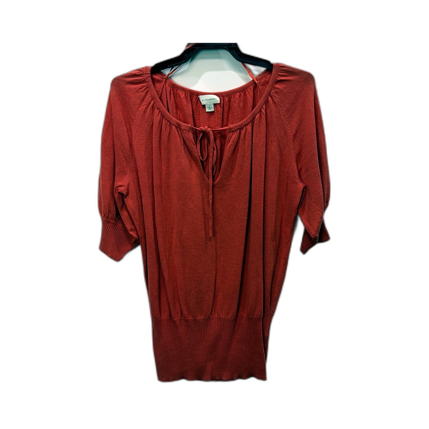 Witchery Womens Pullover Knit Blouse Puff Sleeve Tie Neck Cotton Pink Size S
