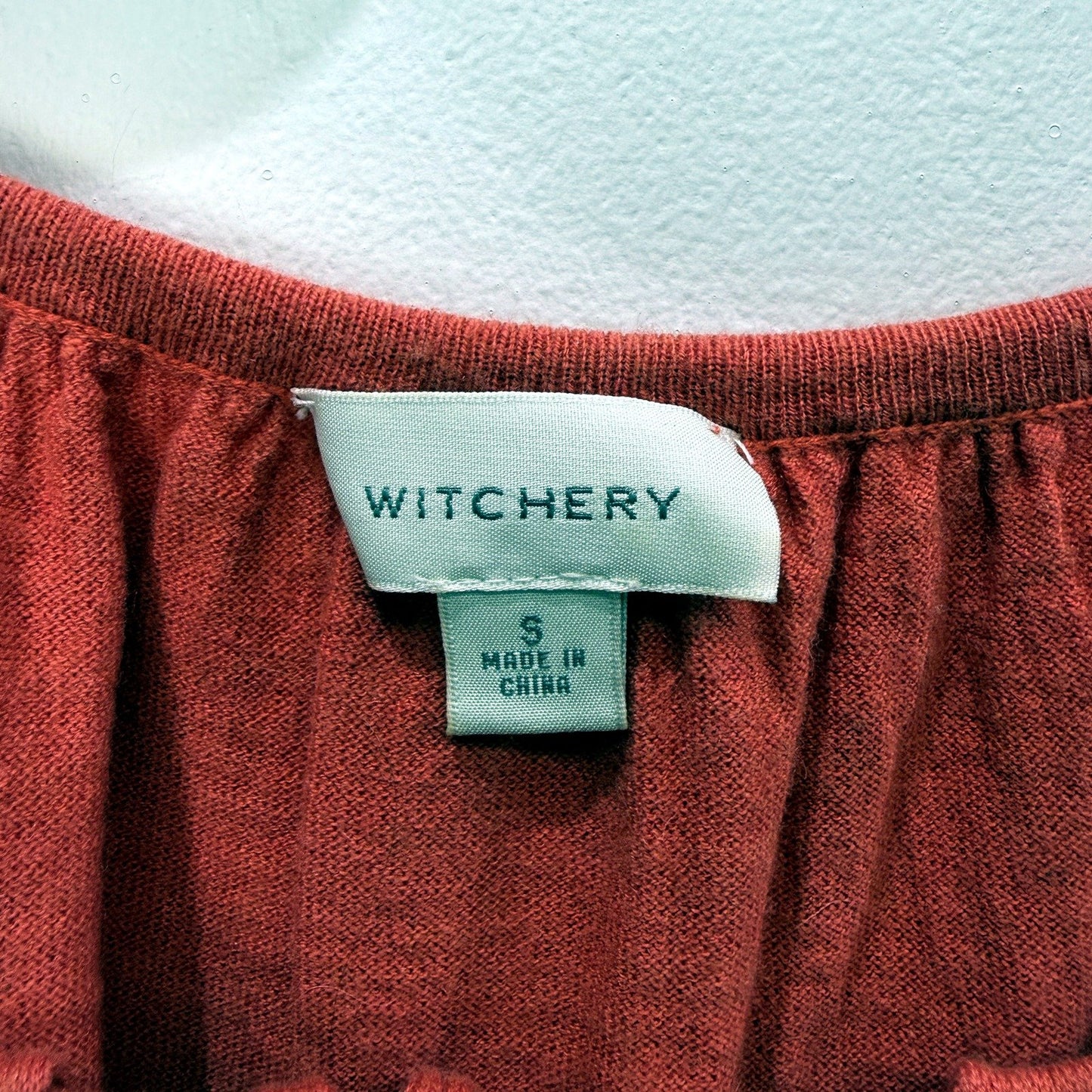 Witchery Womens Pullover Knit Blouse Puff Sleeve Tie Neck Cotton Pink Size S