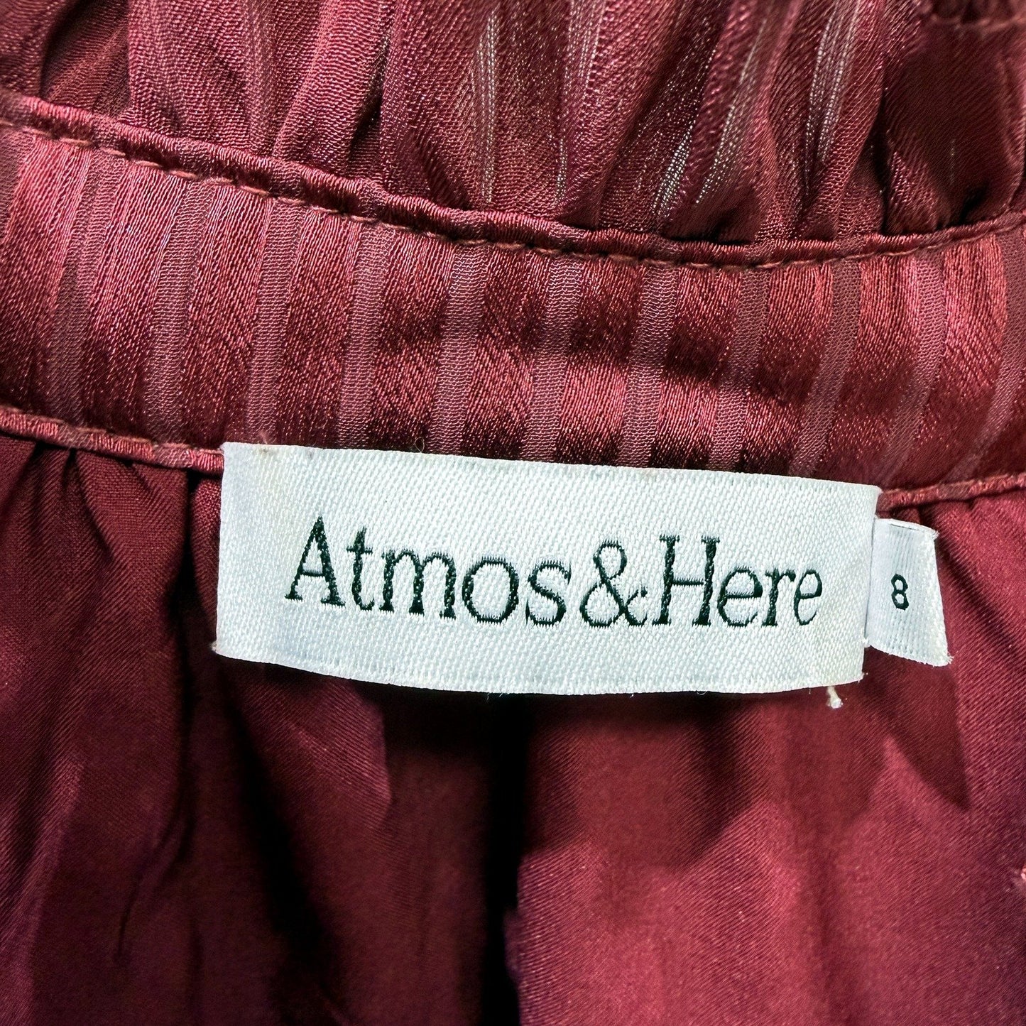 Atmos & Here Womens Pleated Ruffle Neck Burgundy Blouse Size 8