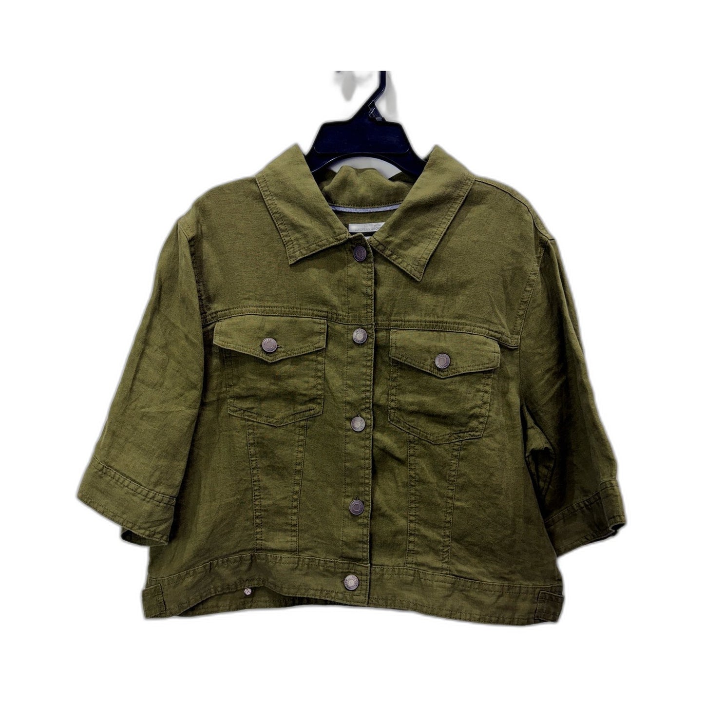 Nicole Miller Womens Olive Green Linen Jacket by - Cropped Button Up L NEW