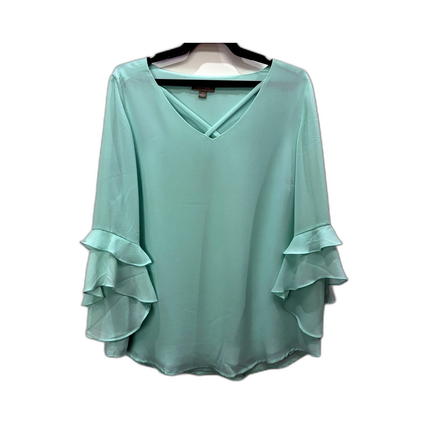 Suzanne Grae Womens Mint Blue Ruffle Sleeve Blouse in Size 12