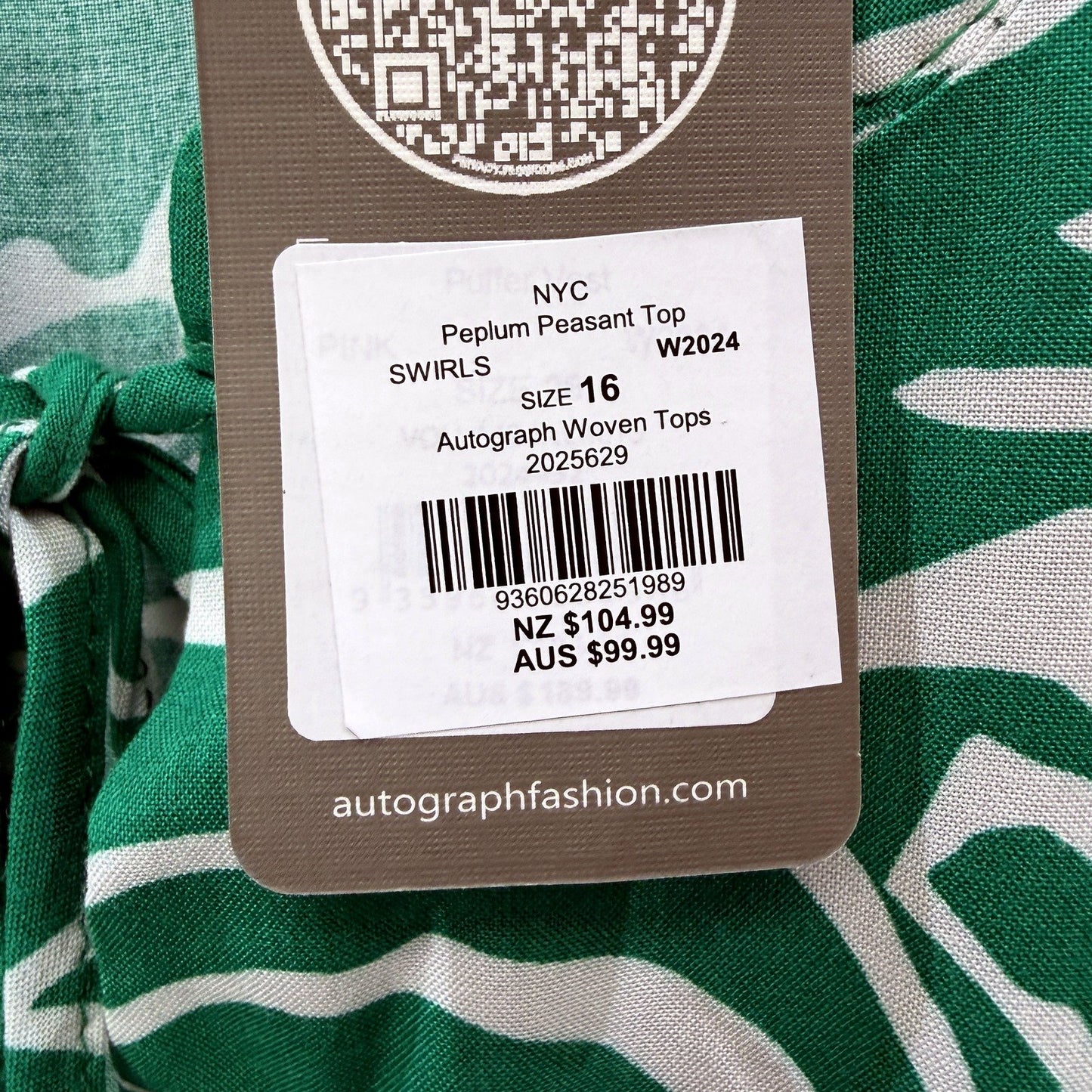 Autograph Womens Peplum Peasant Top with Swirls in Green and White, Size 16 NEW