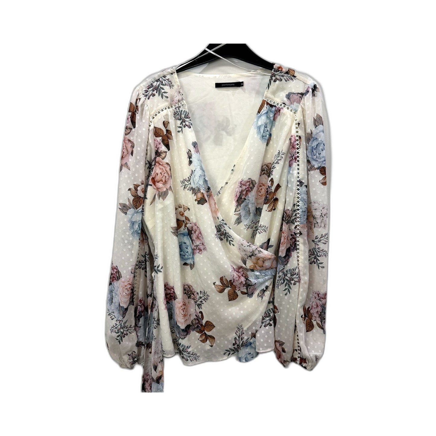Portmans Womens Floral Print Wrap Blouse Puff Sleeve Tie Waist Polka Dot Size 16