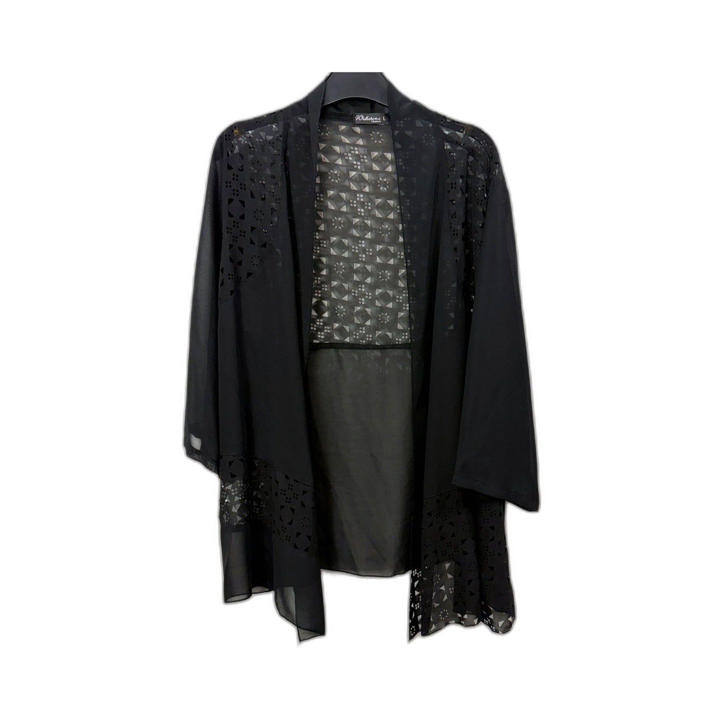Wishstone Womens Sheer Geometric Laser Cut Open Front Kimono Jacket Black Size L