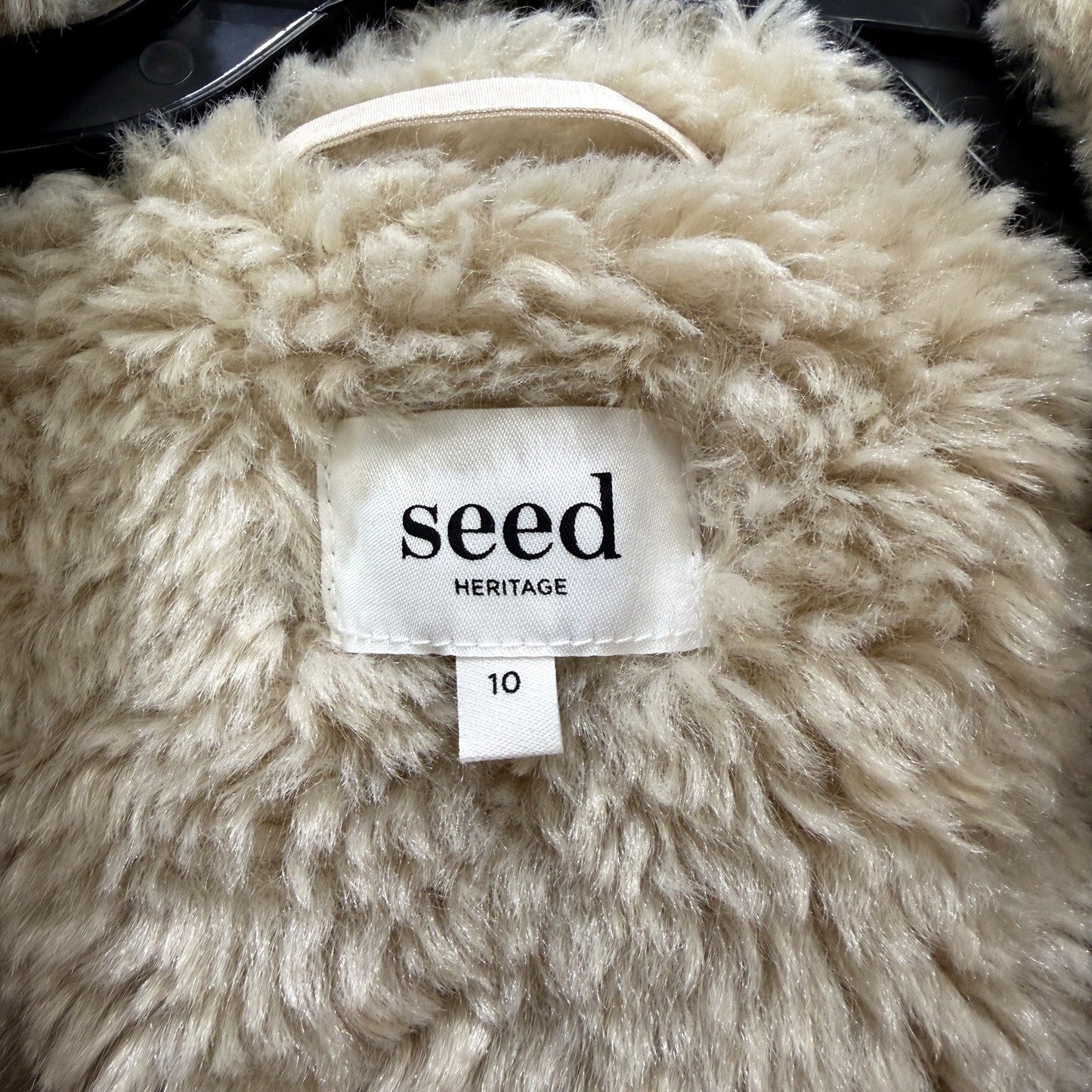 Seed Heritage Womens Teddy Faux Fur Coat Oversized Collar Fuzzy Jacket Beige