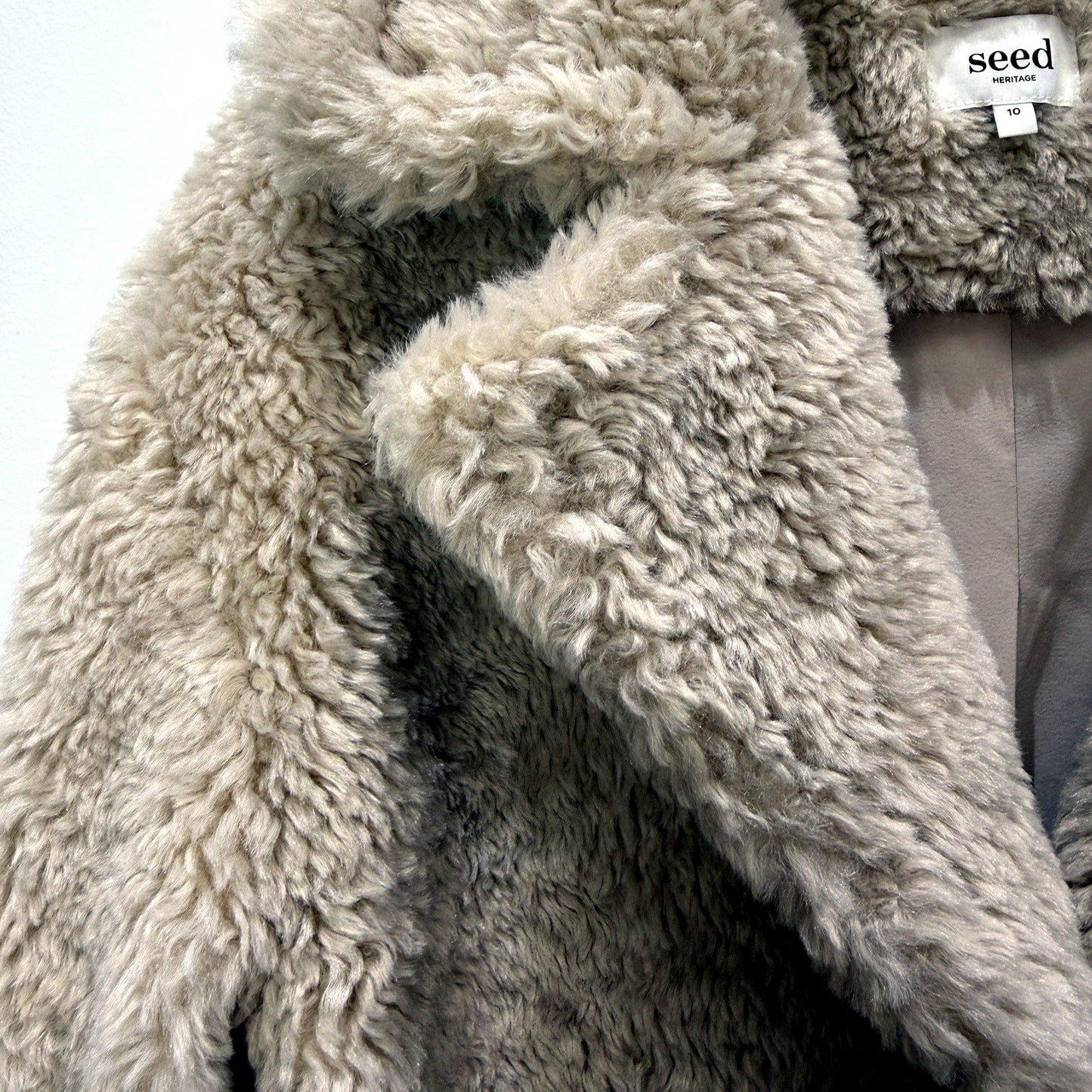 Seed Heritage Womens Teddy Faux Fur Coat Oversized Collar Fuzzy Jacket Beige