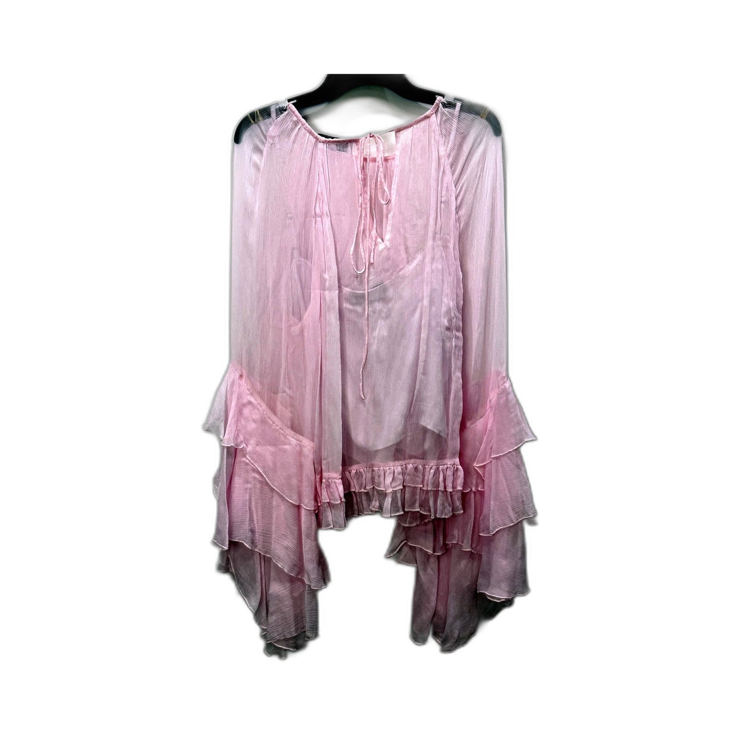 Witchery Womens Ruffle Sleeve Blouse Light Pink Drawstring Neckline Size 12