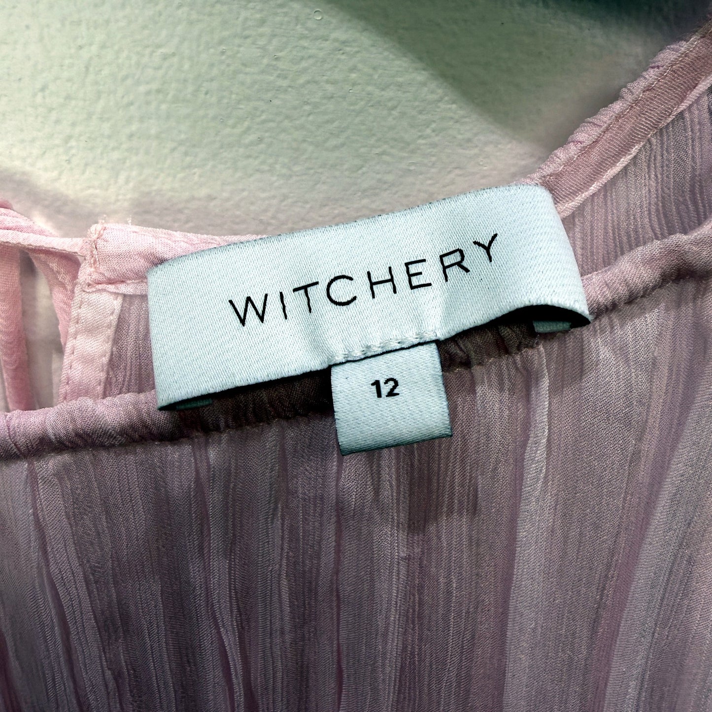 Witchery Womens Ruffle Sleeve Blouse Light Pink Drawstring Neckline Size 12