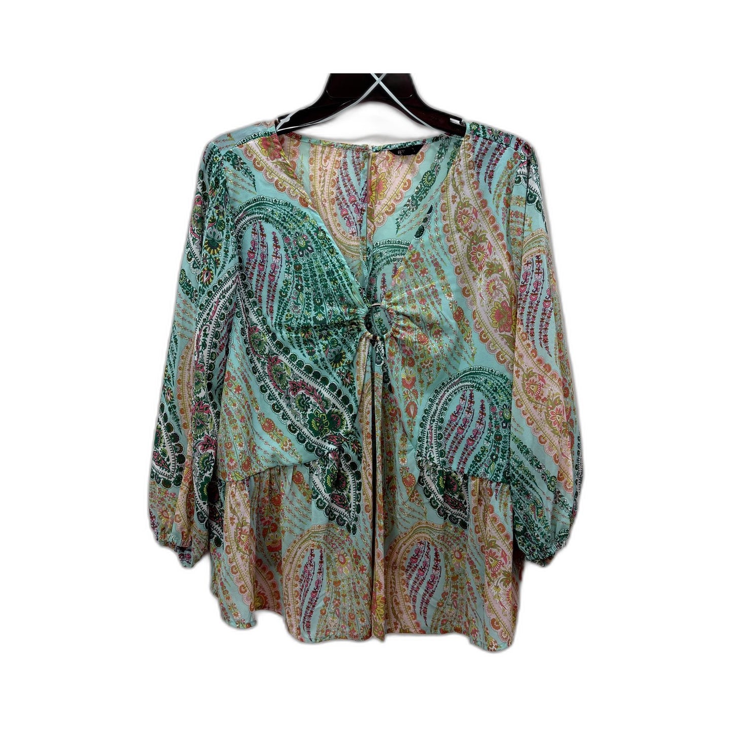 Emerge Womens Floral Print Blouse Puff Sleeve Tie Front Ruffle Mint Multi Color