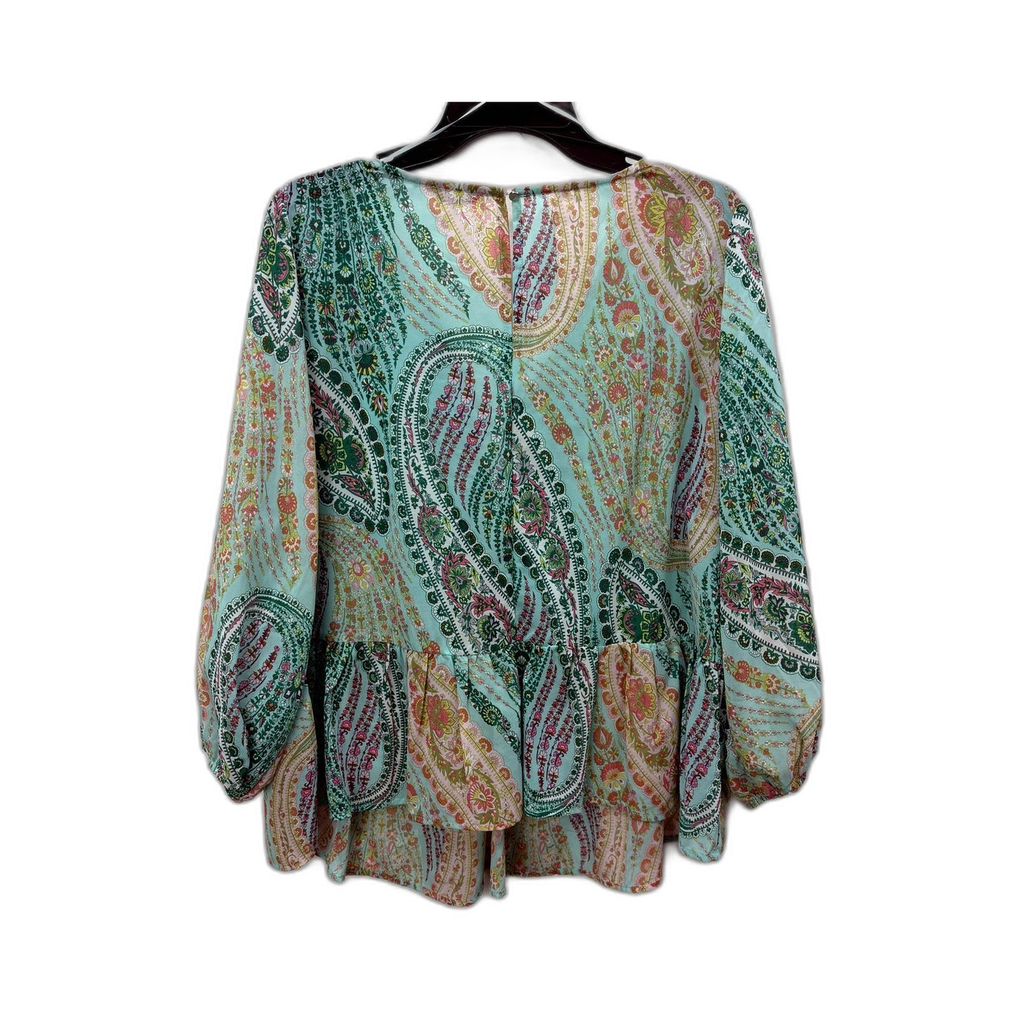 Emerge Womens Floral Print Blouse Puff Sleeve Tie Front Ruffle Mint Multi Color