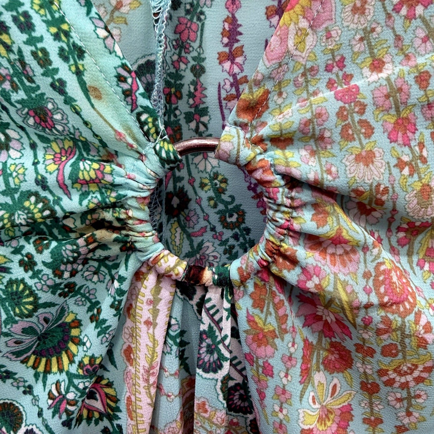Emerge Womens Floral Print Blouse Puff Sleeve Tie Front Ruffle Mint Multi Color