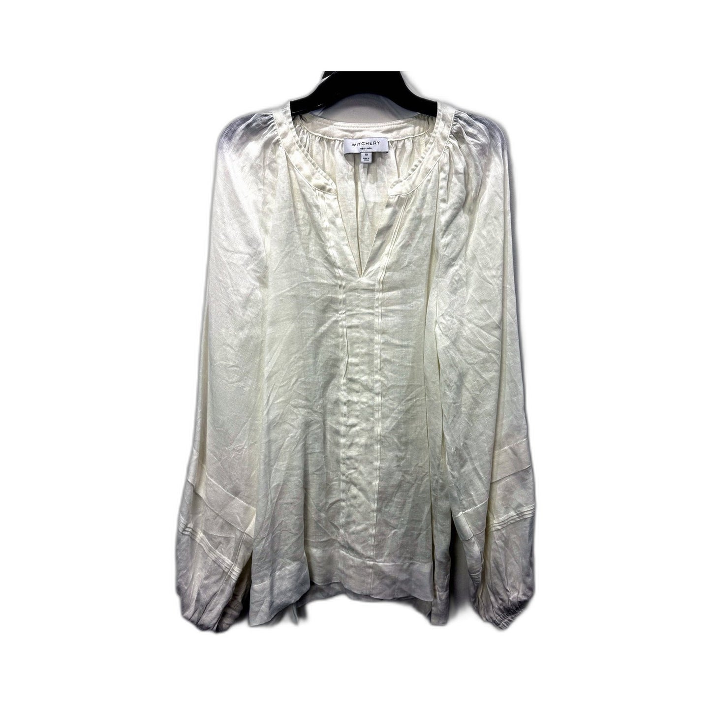 Witchery Womens Linen Blouse Puff Sleeve V-Neck Casual Top White Size 10 NEW