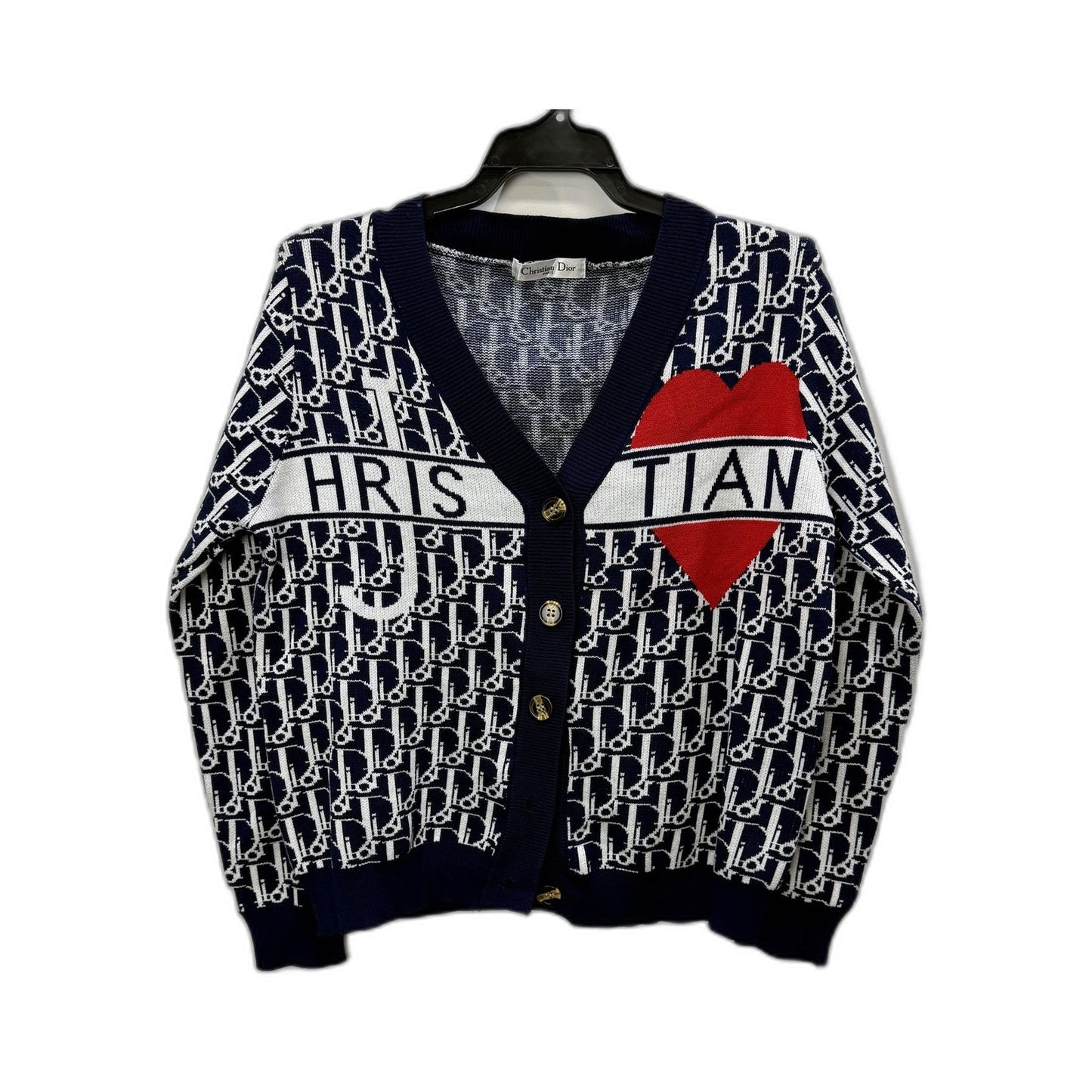 Christian Dior Womens Knit Cardigan Sweater Navy Blue and White Size S