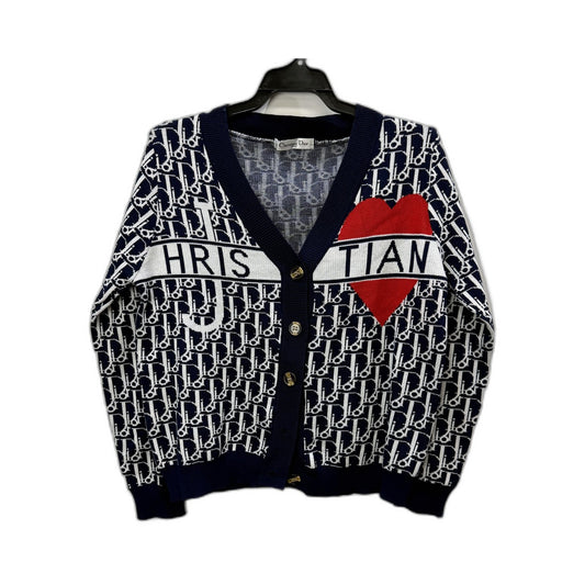 Christian Dior Womens Knit Cardigan Sweater Navy Blue and White Size S