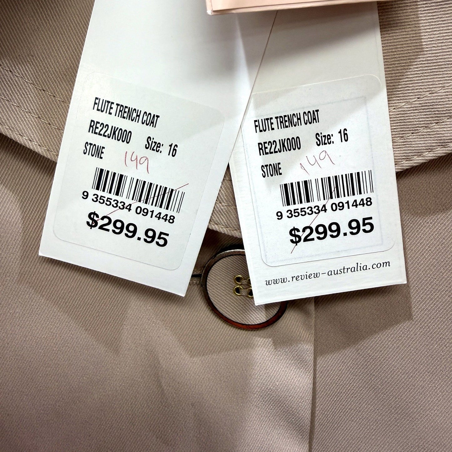 Review Womens Flute Trench Coat in Stone, Size 16 NEW