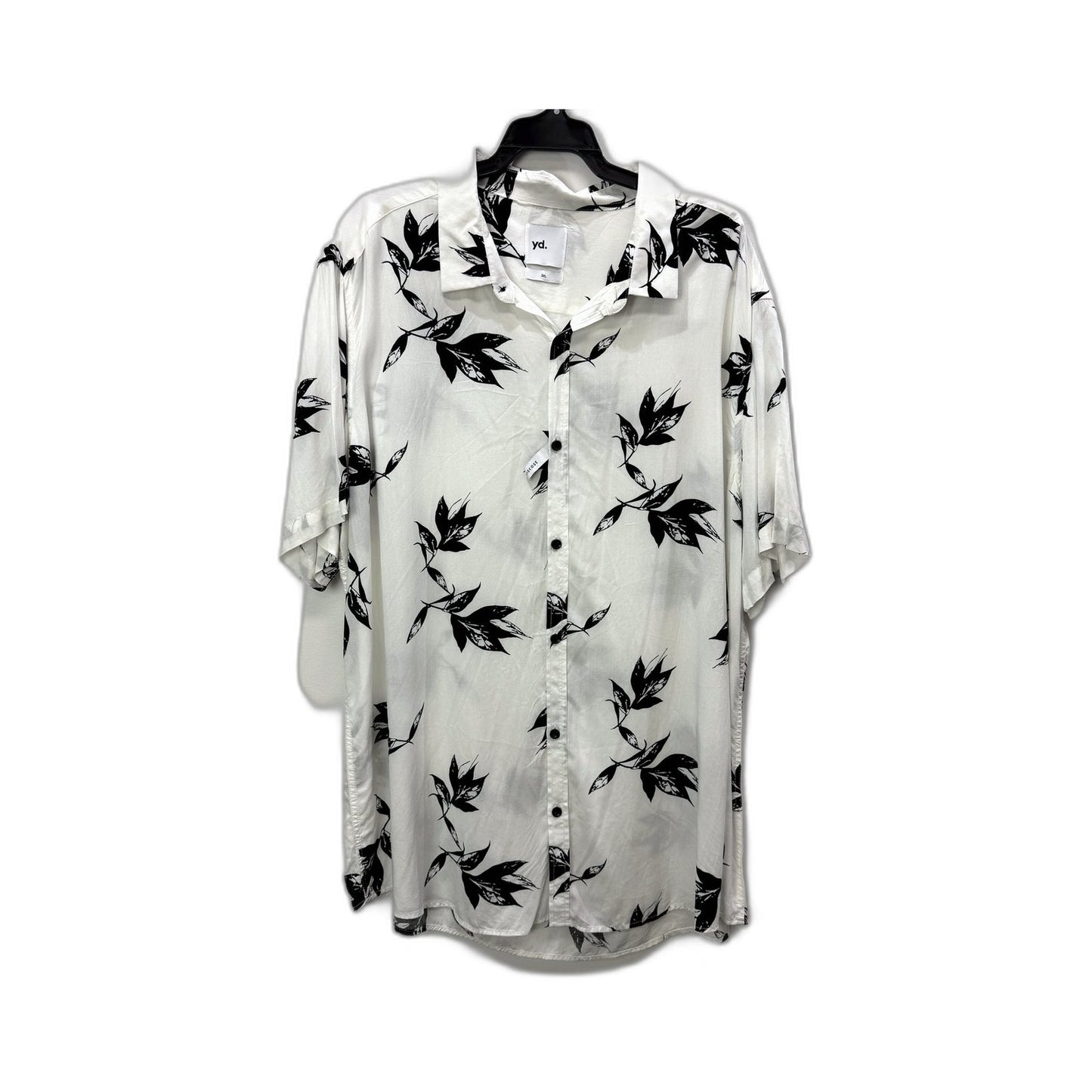Yd. Mens Button-Up Shirt in White with Black Leaf Print Viscose, Size 3XL NEW