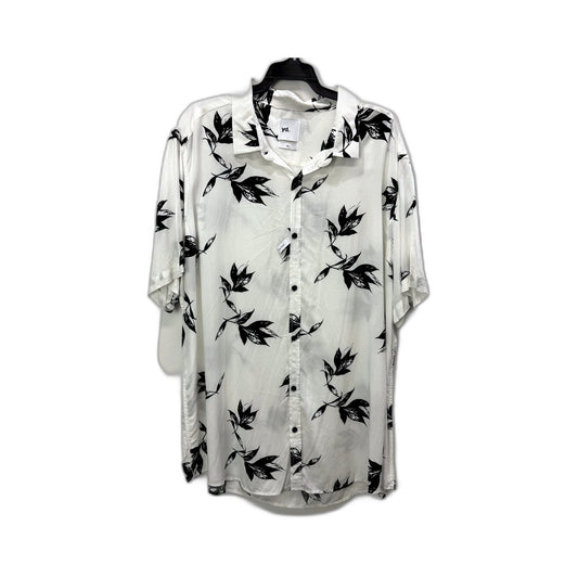 Yd. Mens Button-Up Shirt in White with Black Leaf Print Viscose, Size 3XL NEW