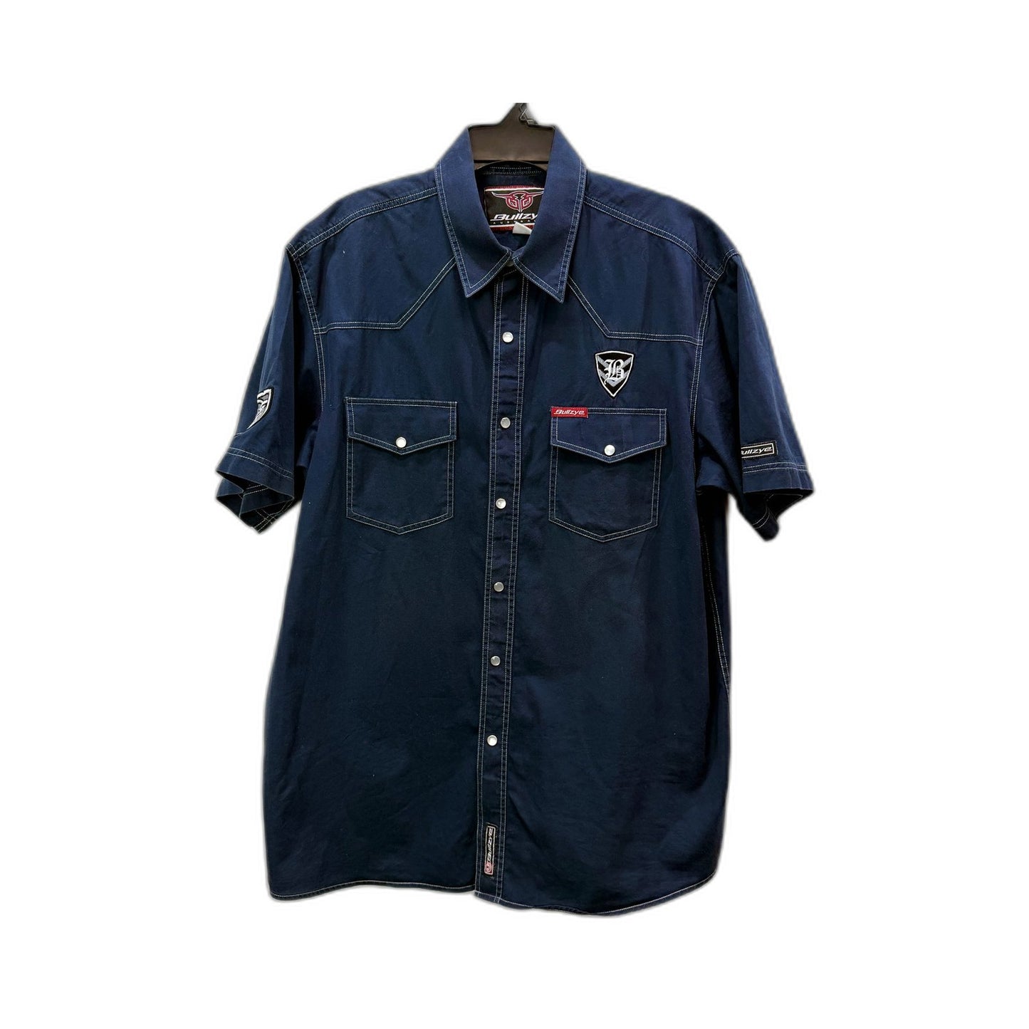 Bullzye Mens Navy Blue Cotton Button Down Shirt with Snap Pocket, Size L