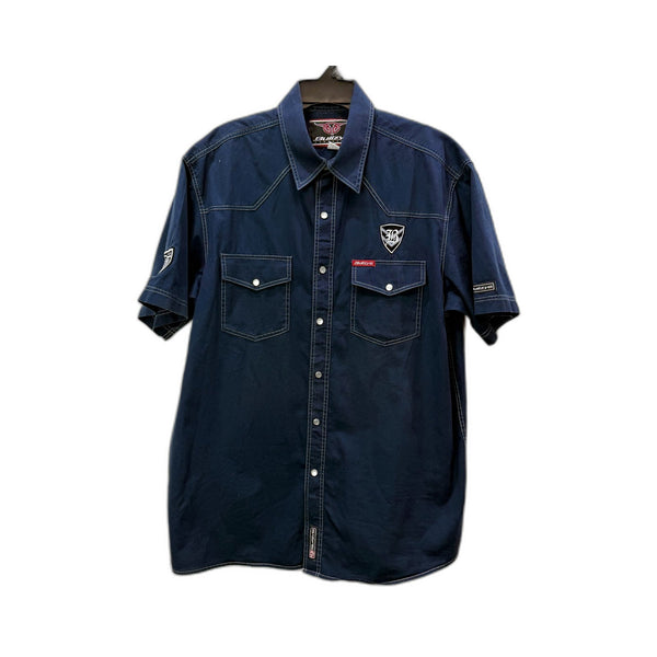 Bullzye Mens Navy Blue Cotton Button Down Shirt with Snap Pocket, Size L