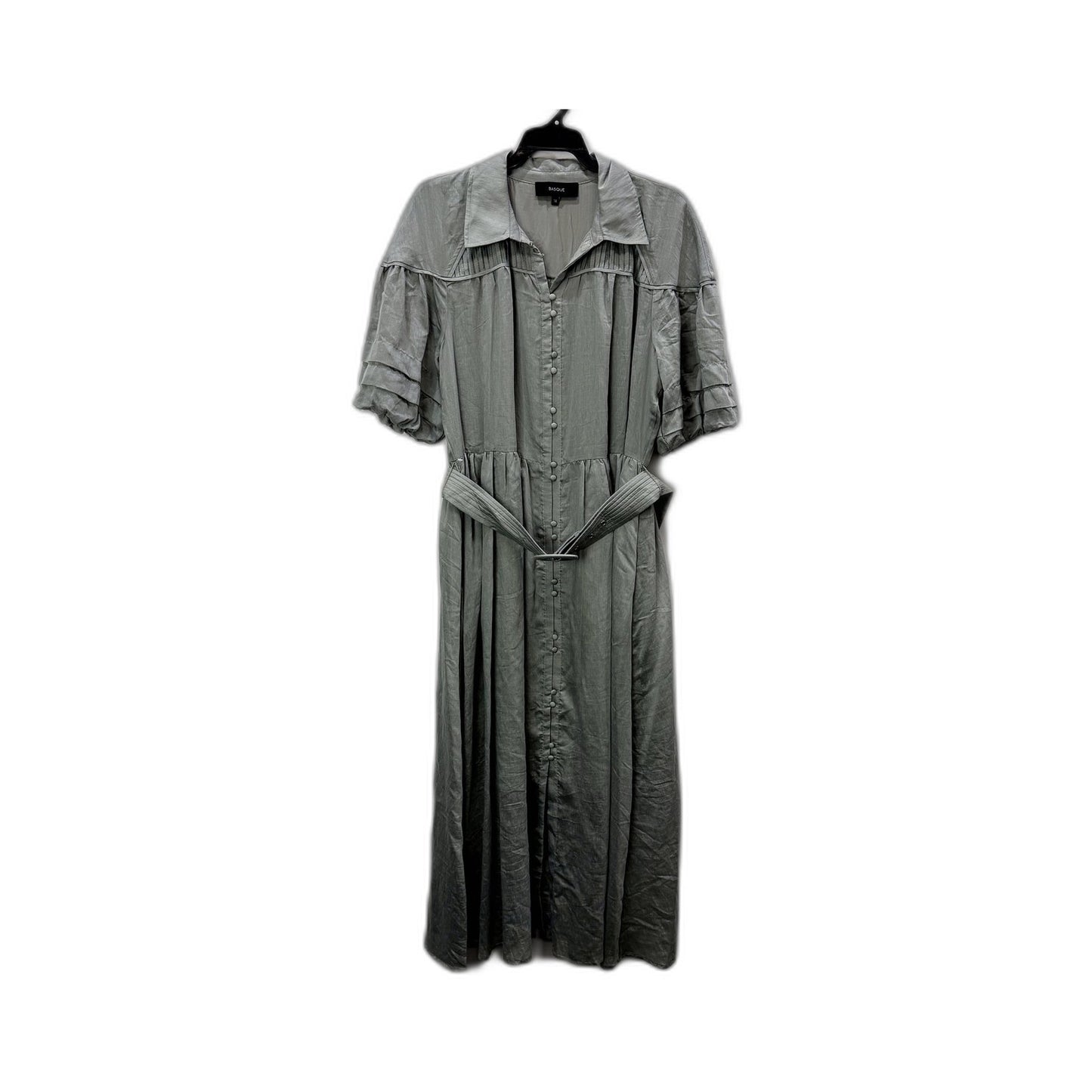 Basque Womens Pleated Puff Sleeve Linen Dress in Green - Size 14 NEW