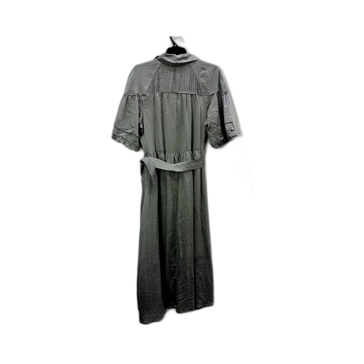 Basque Womens Pleated Puff Sleeve Linen Dress in Green - Size 14 NEW