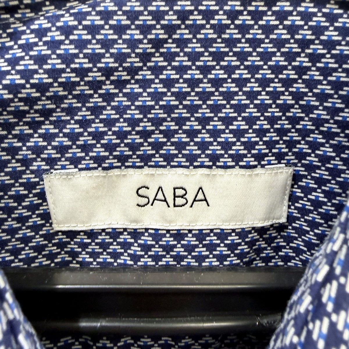 Saba Mens Patterned Button-Down Shirt in Navy Blue and White, Small Size