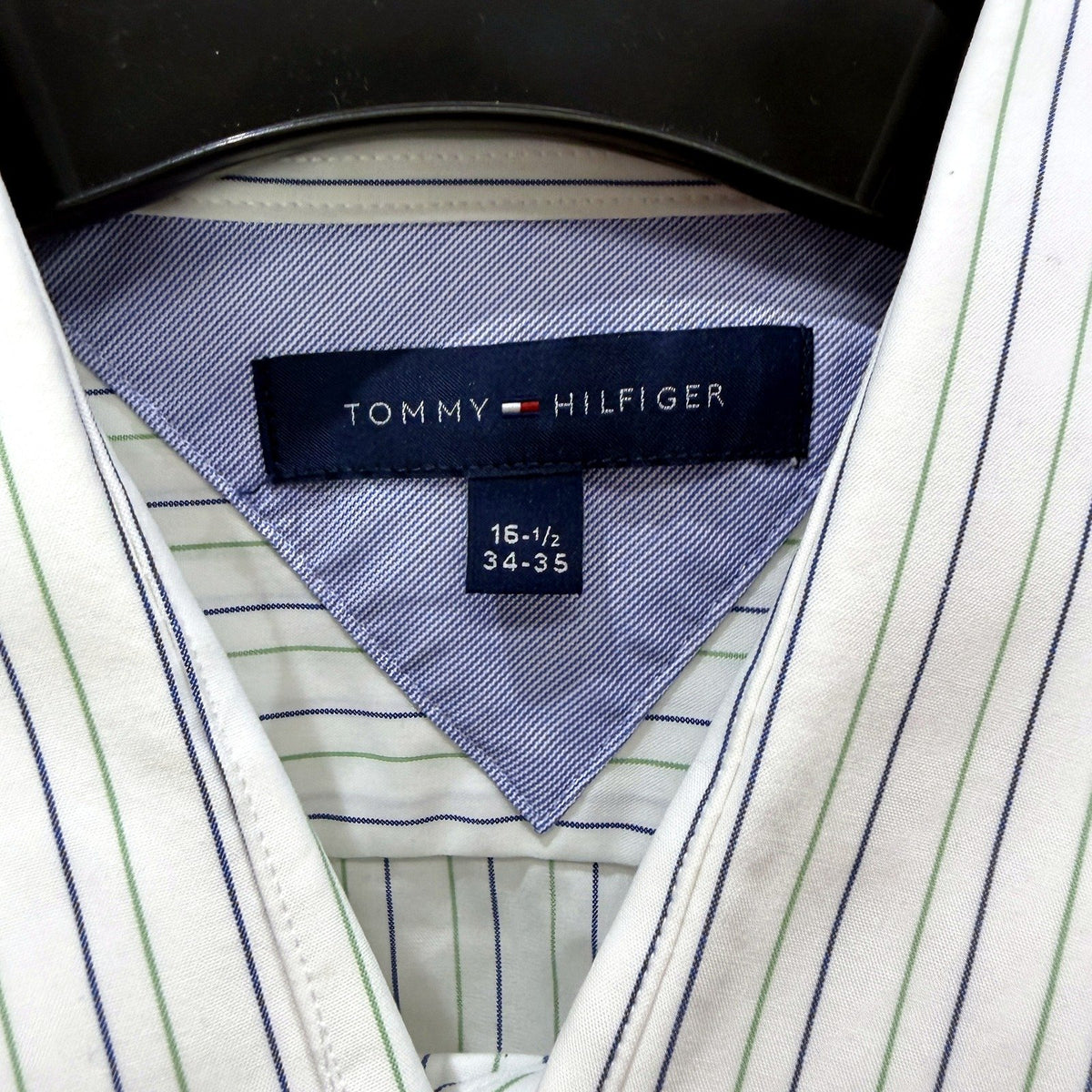 Tommy Hilfiger Mens Striped Dress Shirt White with Navy and Green Size 34-35