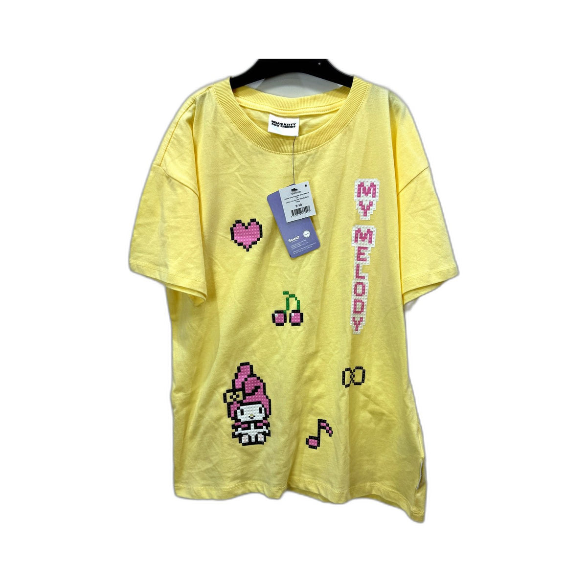 Hello Kitty Girls Pixelated Retro Game Graphic T-Shirt Yellow Size 9-10 NEW