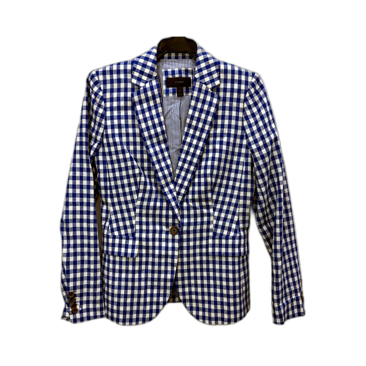 J.Crew Womens Plaid Blazer Lightweight Linen Blend Blue and White Size 2