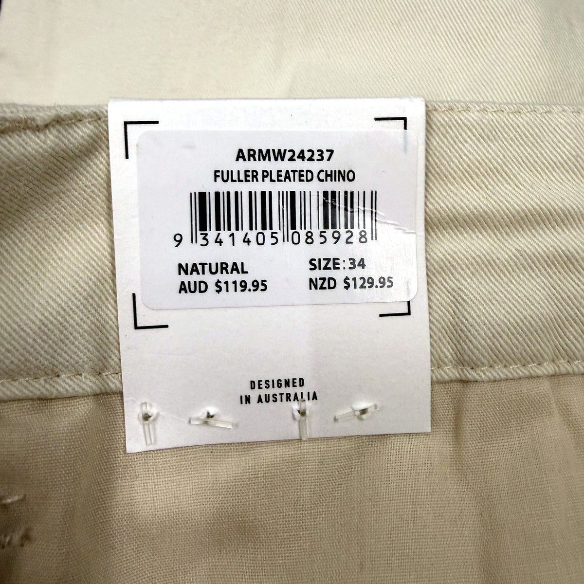 Arvust Mens Fuller Pleated Cotton Chino Pants in Natural Size 34 NEW