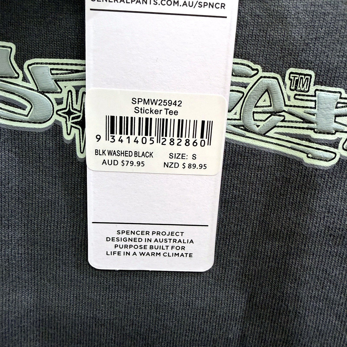 Spencer Project Mens Black Washed Cotton Sticker T-Shirt, Size S NEW
