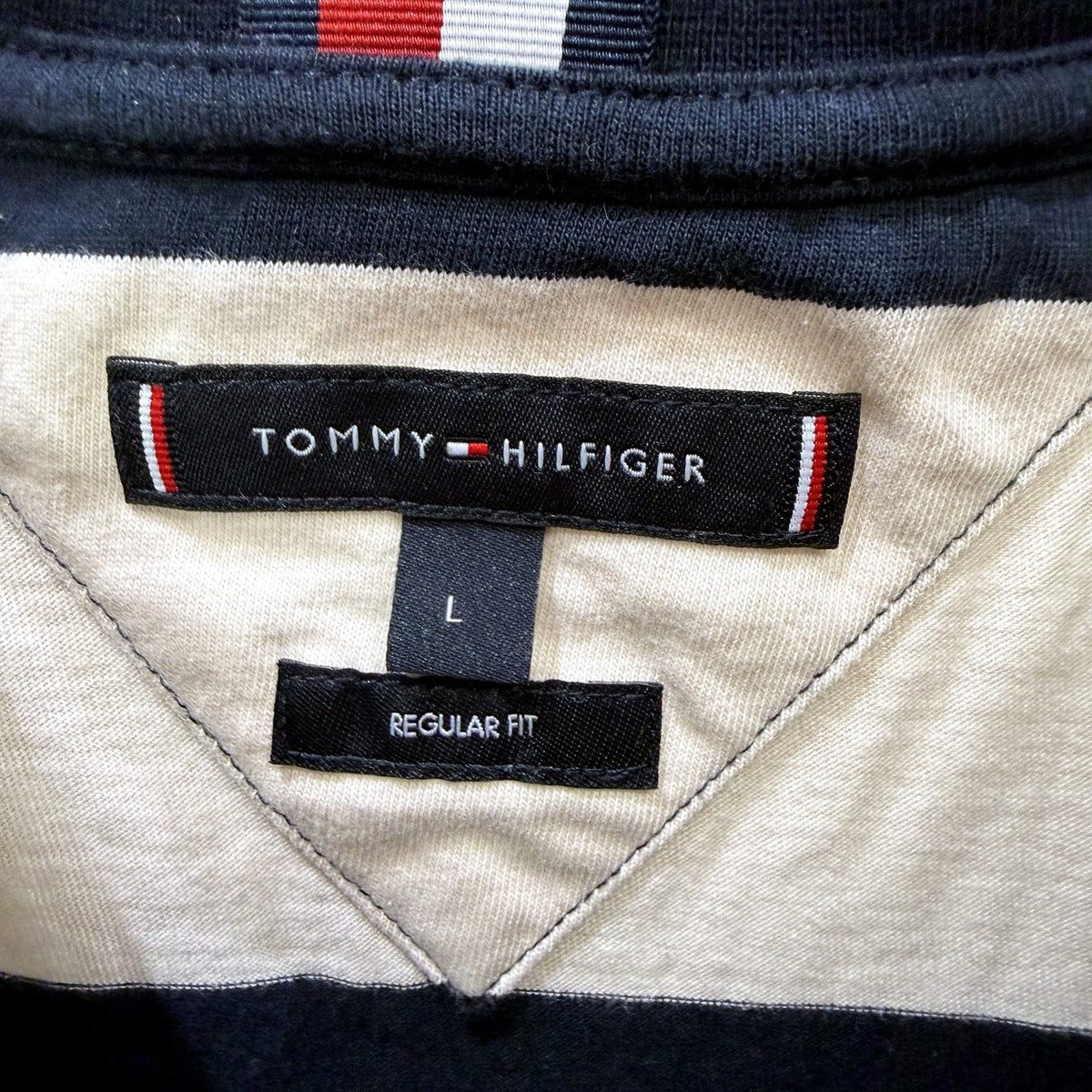 Tommy Hilfiger Mens Striped T-Shirt Navy and Beige Cotton Casual Tee Size L