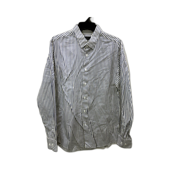 SABA Long Mens Sleeve Striped Dress Shirt Navy White Button-Up Medium