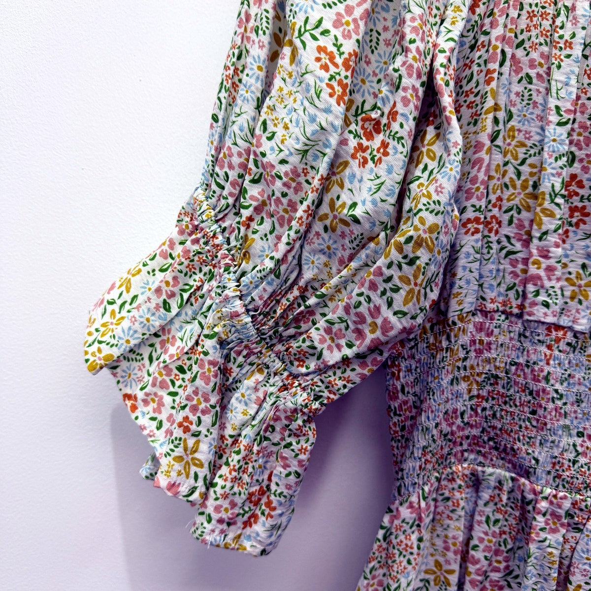 Feather + Noise Womens Floral Midi Dress Puffed Sleeve Size 8 NEW
