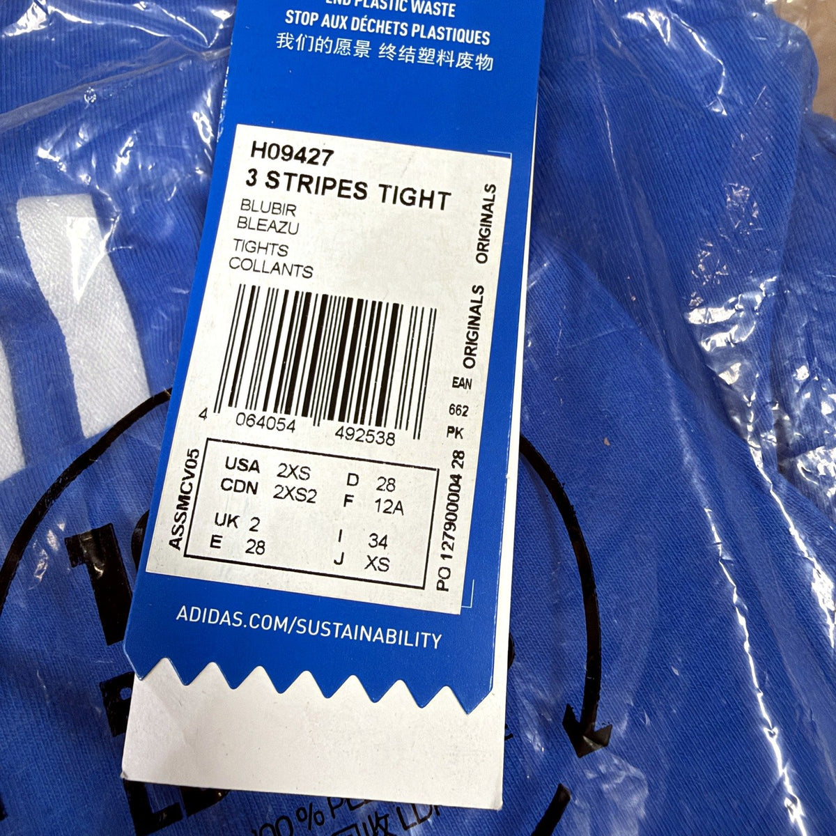 Adidas Womens 3 Stripes Blue Leggings Size 2XS H09427 NEW