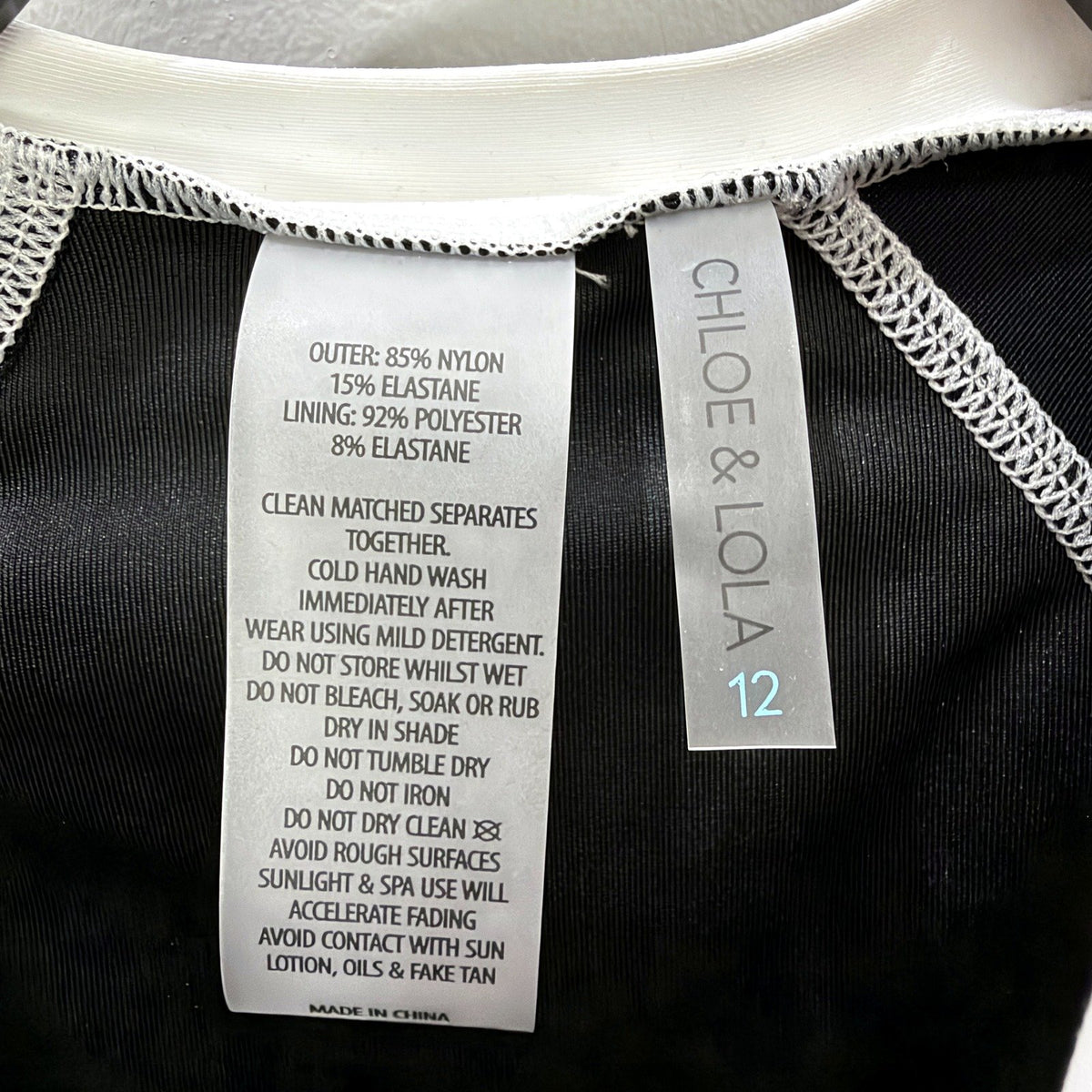 Chloe & Lola Long Sleeve One-Piece Swimsuit Womens Black White Trim Size 12 NEW
