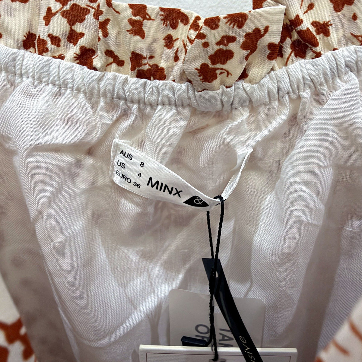 MINX Womens Floral Camisole Dress Cream Brown Ruffle Size 8 NEW