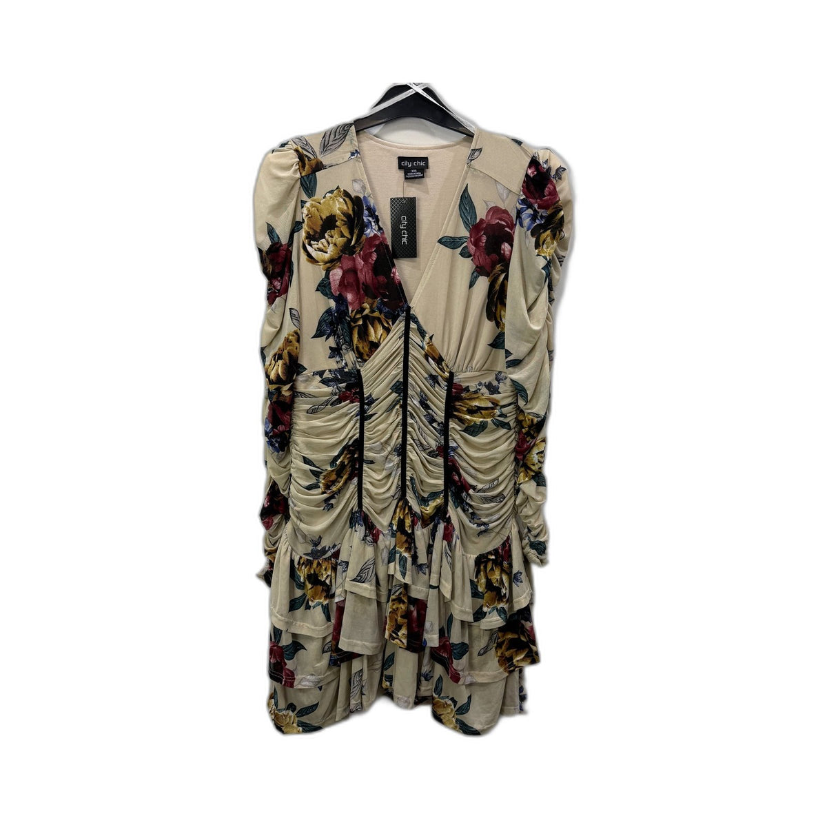 City Chic Womens Floral Mesh Ruched Dress Puffed Sleeve Size 12 NEW